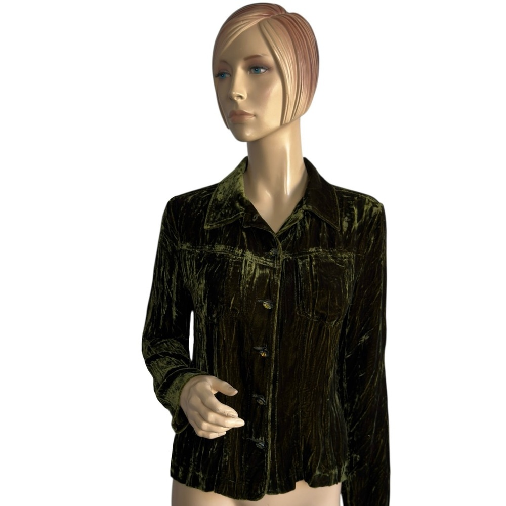 Drama New York Crushed Velvet Button Down Shirt Olive Green Size Small